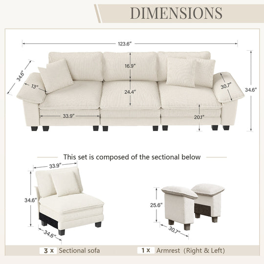 Cloud Modular Deep Seat Sofa, Chenille or Corduroy Sectional Couch with Removable Arms, 1–4 Seater