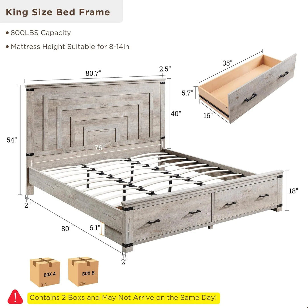 Farmhouse Wood Bed Frame with 54" Tall Headboard, 2 Large Drawers