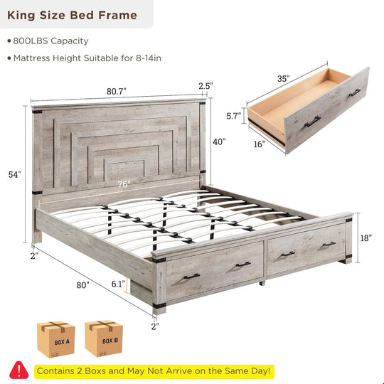 Farmhouse Wood Bed Frame with 54" Tall Headboard, 2 Large Drawers
