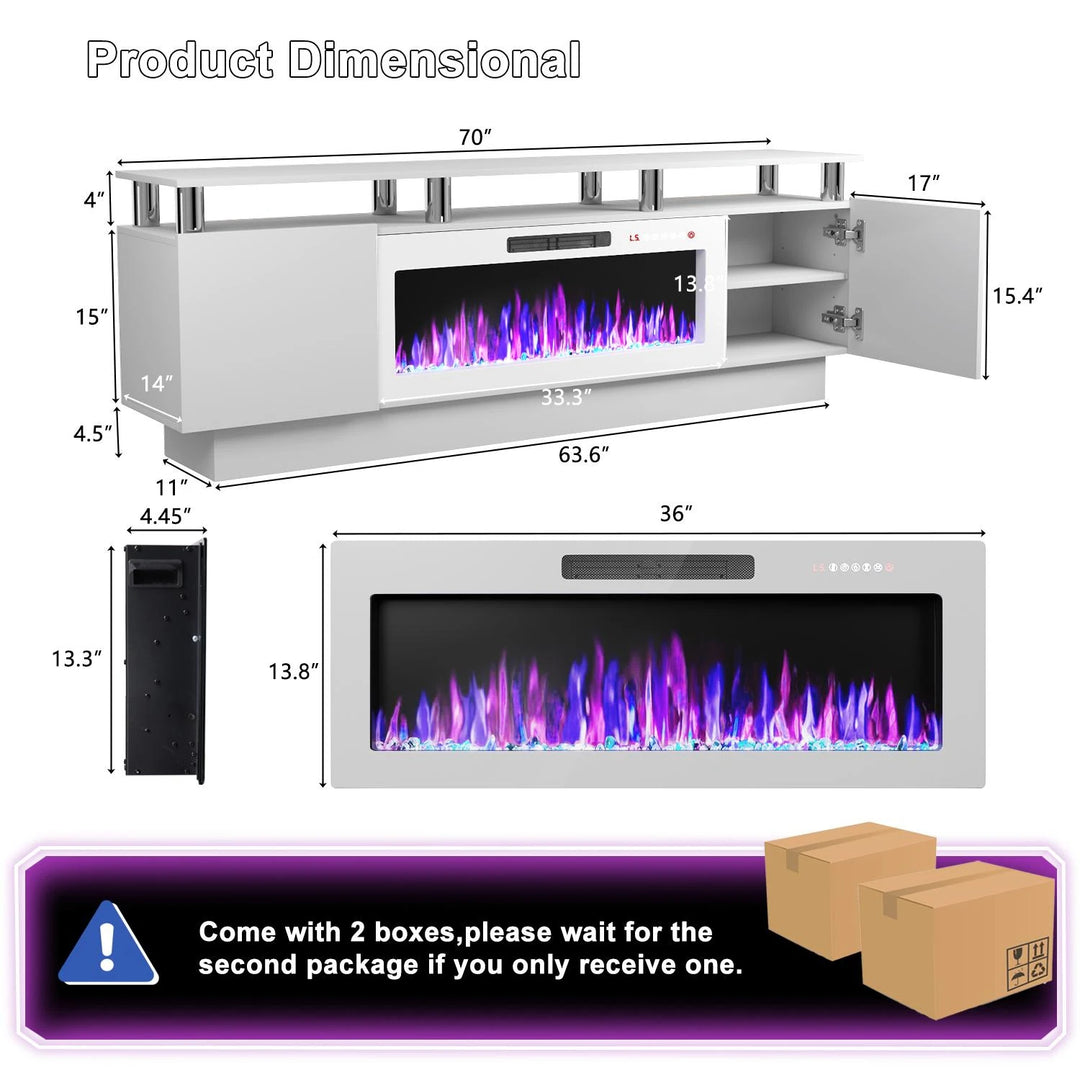 70" Modern Electric Fireplace TV Stand, with Electronic Flame and LED Lights, High Gloss Finish Entertainment Center