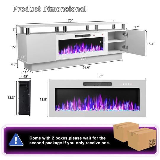 70" Modern Electric Fireplace TV Stand, with Electronic Flame and LED Lights, High Gloss Finish Entertainment Center