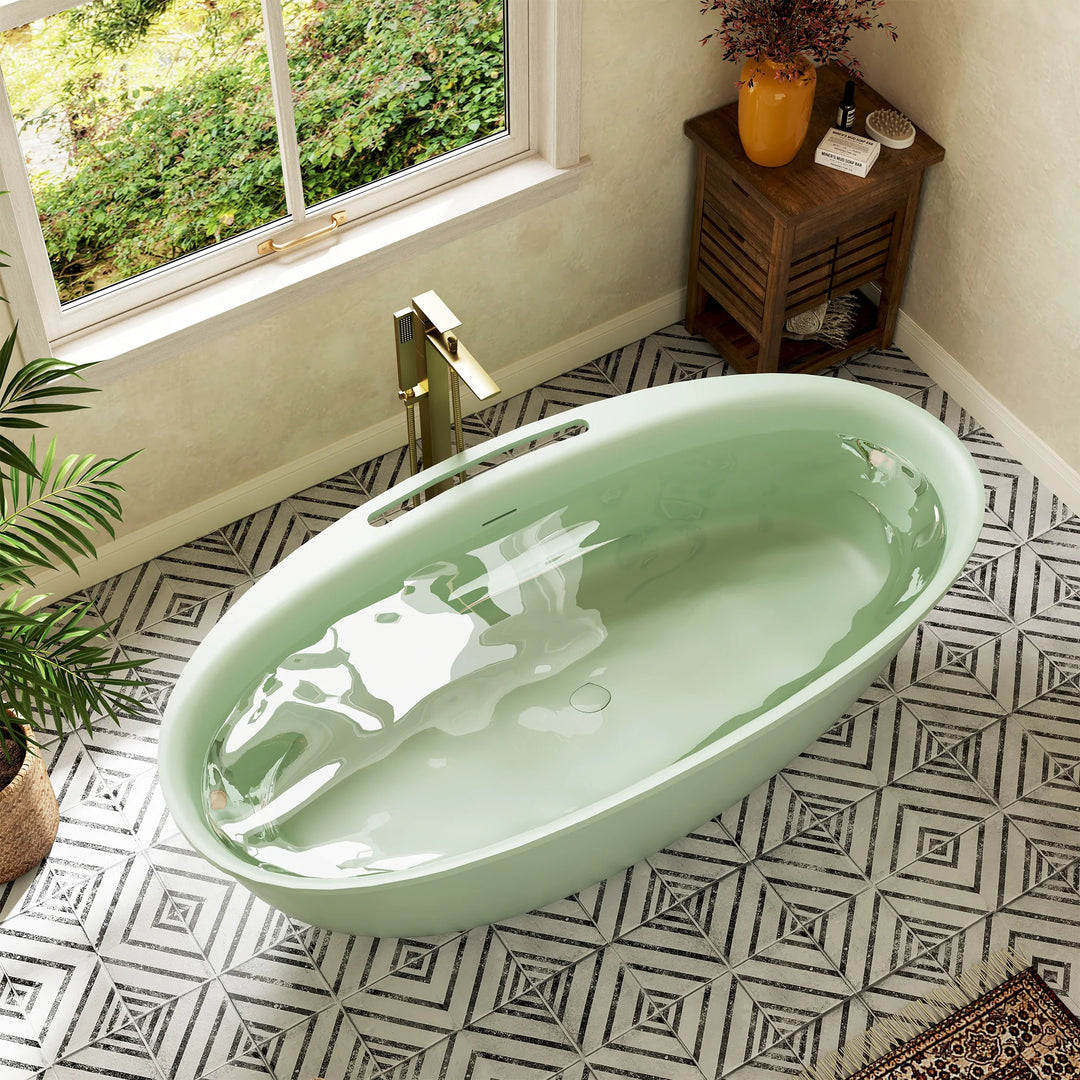 Luxury Flatbottom Solid Surface Freestanding Soaking Bathtub with Discreet Towel Slot and Drain Assembly