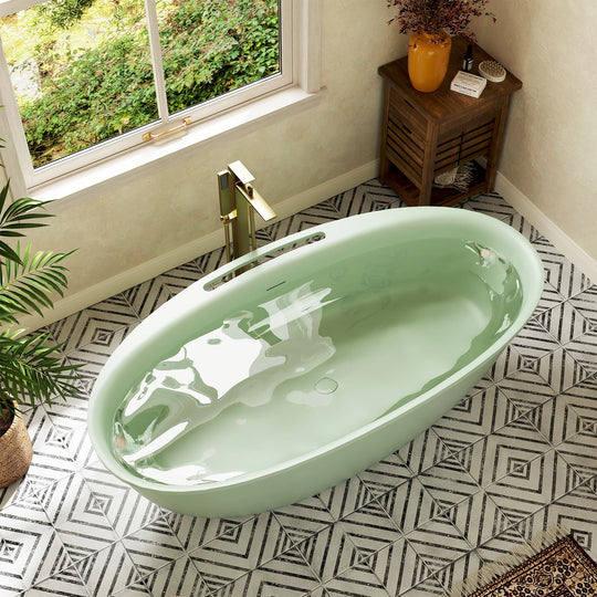 Luxury Flatbottom Solid Surface Freestanding Soaking Bathtub with Discreet Towel Slot and Drain Assembly