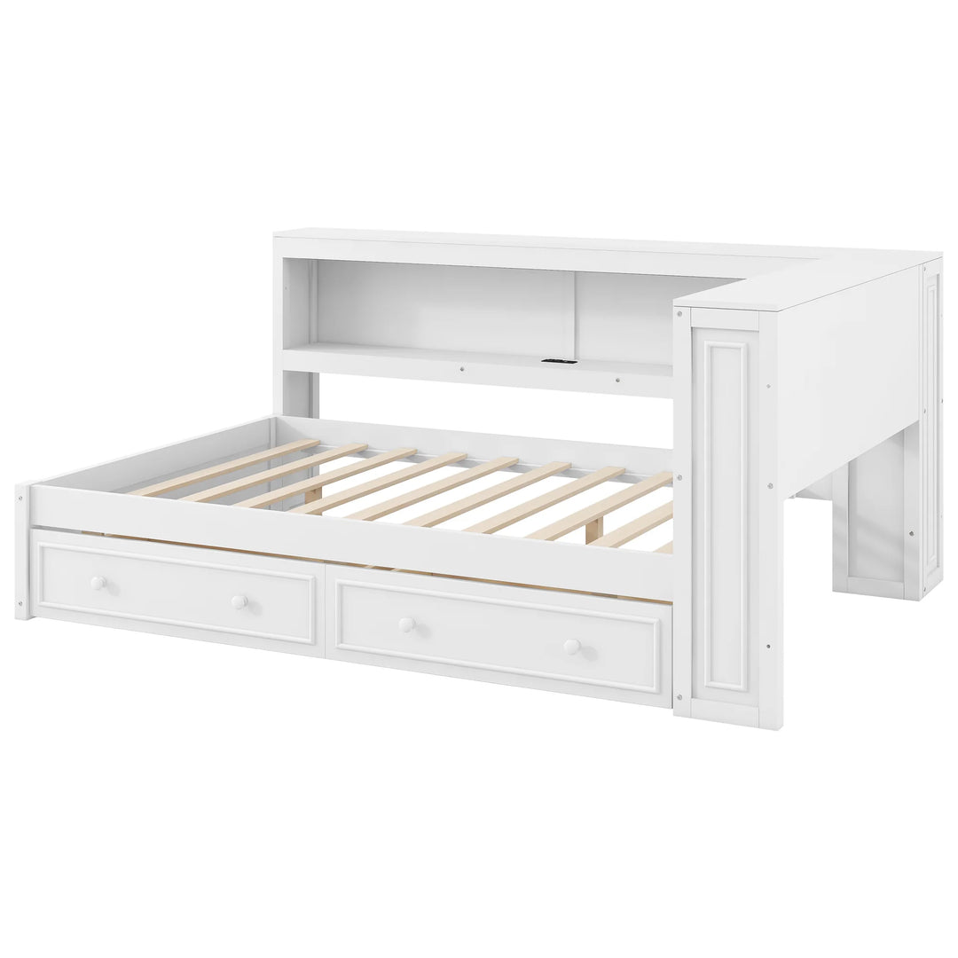 Full Size Wood Daybed with Storage Shelves, USB, LED, and 2 Drawers