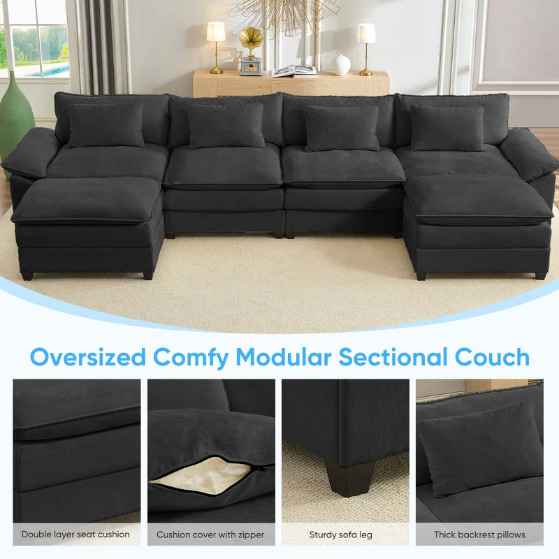Modern 156''Oversized U-Shaped Modular Sectional Sofa with 2 Ottomans,6-Seat Cloud Couch,Chenille Sofa Sleeper Deep Seat Couches