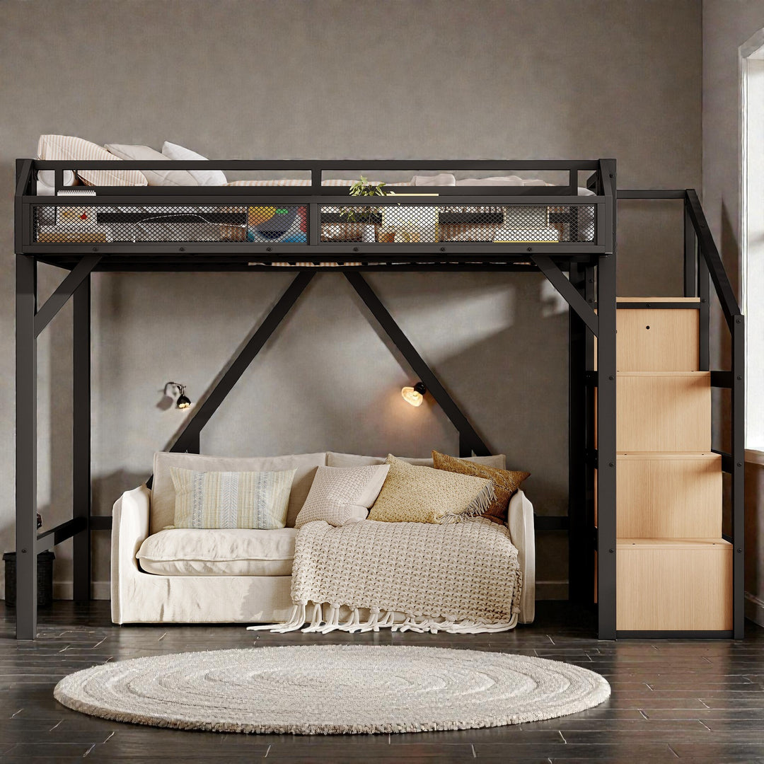 Metal Loft Bed with Storage Stairs, Built-In Wardrobe, Shelves, USB Ports, LED Lights & Noise-Reduced Frame
