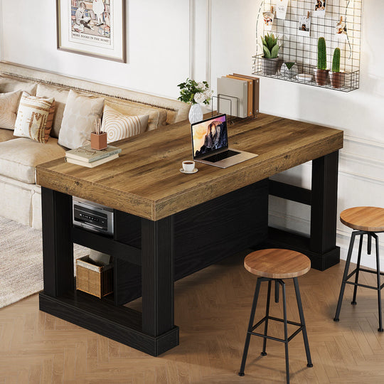 55-Inch Stationary Kitchen Island with Storage Shelves and Large Worktop, Farmhouse Style, Light Brown