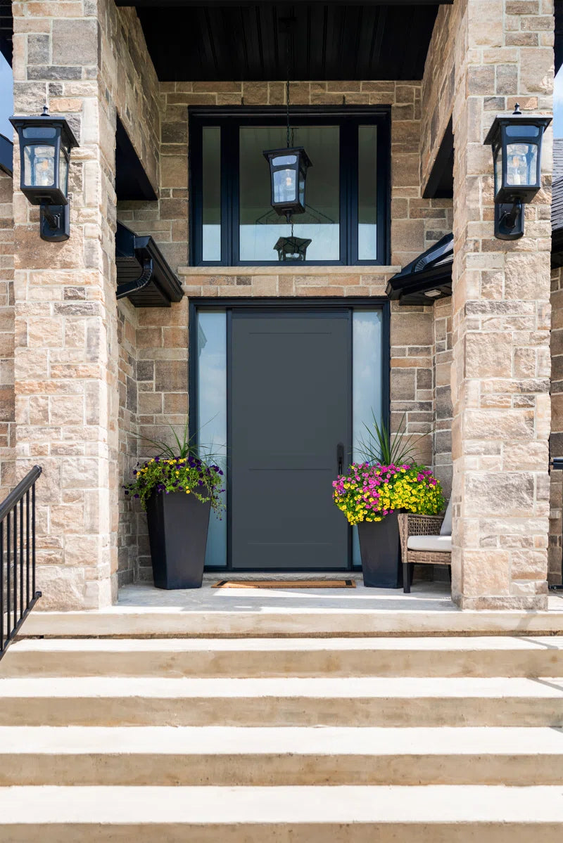 Stratton Contemporary Unfinished Smooth Fiberglass Prehung Front Entry Door by Prestige Door