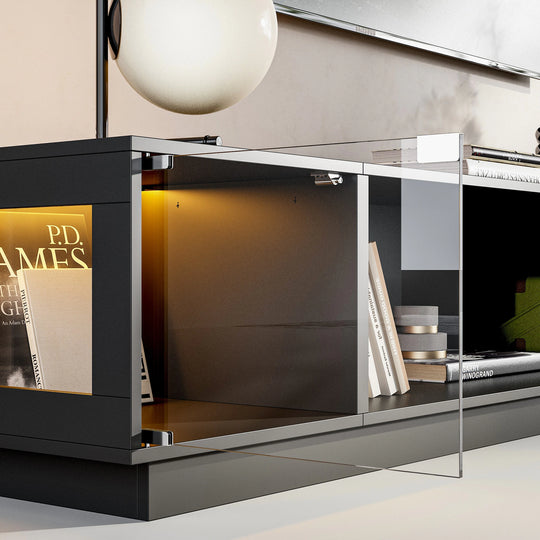 Modern Black Fireplace TV Stand Combo,Remote Fireplace Heater,2 Drawers,Light Strip & USB