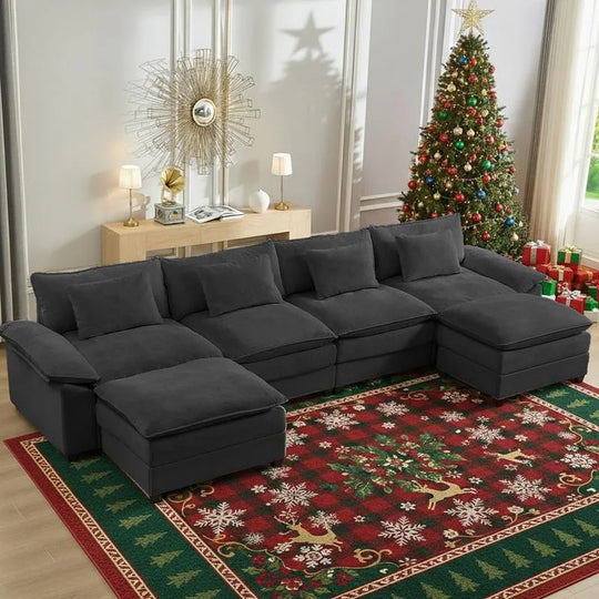 Modern 156''Oversized U-Shaped Modular Sectional Sofa with 2 Ottomans,6-Seat Cloud Couch,Chenille Sofa Sleeper Deep Seat Couches