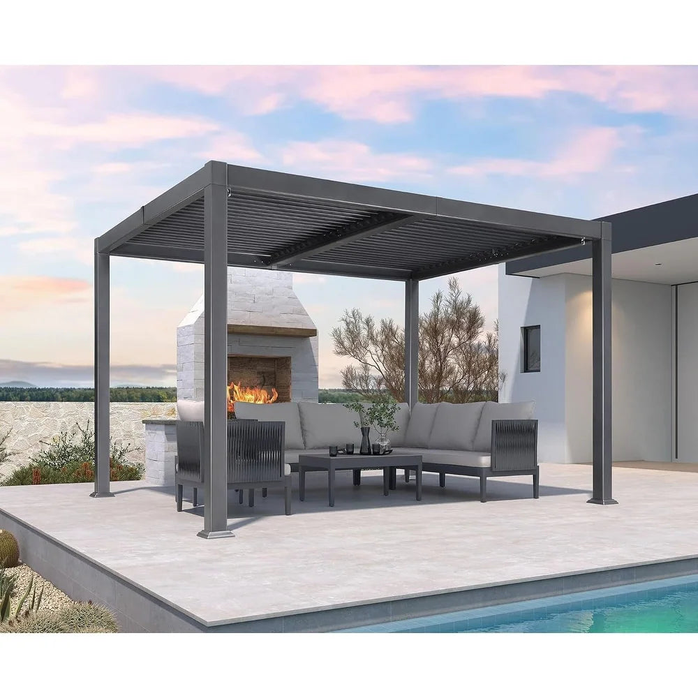 Solar Louvered Pergola with LED String Lights Aluminum Outdoor Pergola with Adjustable Roof for Patio Garden