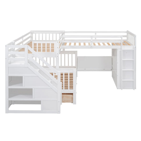 L-Shaped Bunk Bed with Three Drawers, Portable Desk and Wardrobe, Twin-Twin over Full Design