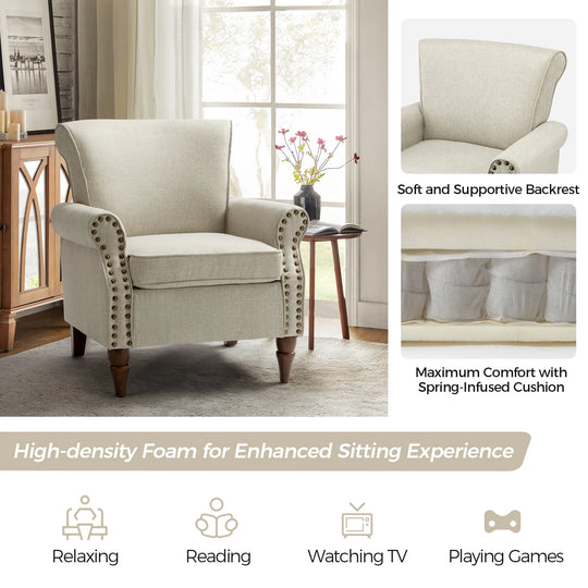 Nyctelius Upholstered Comfy Accent Chair with Turned Wooden Legs and Nailhead Trim Set of 2 by