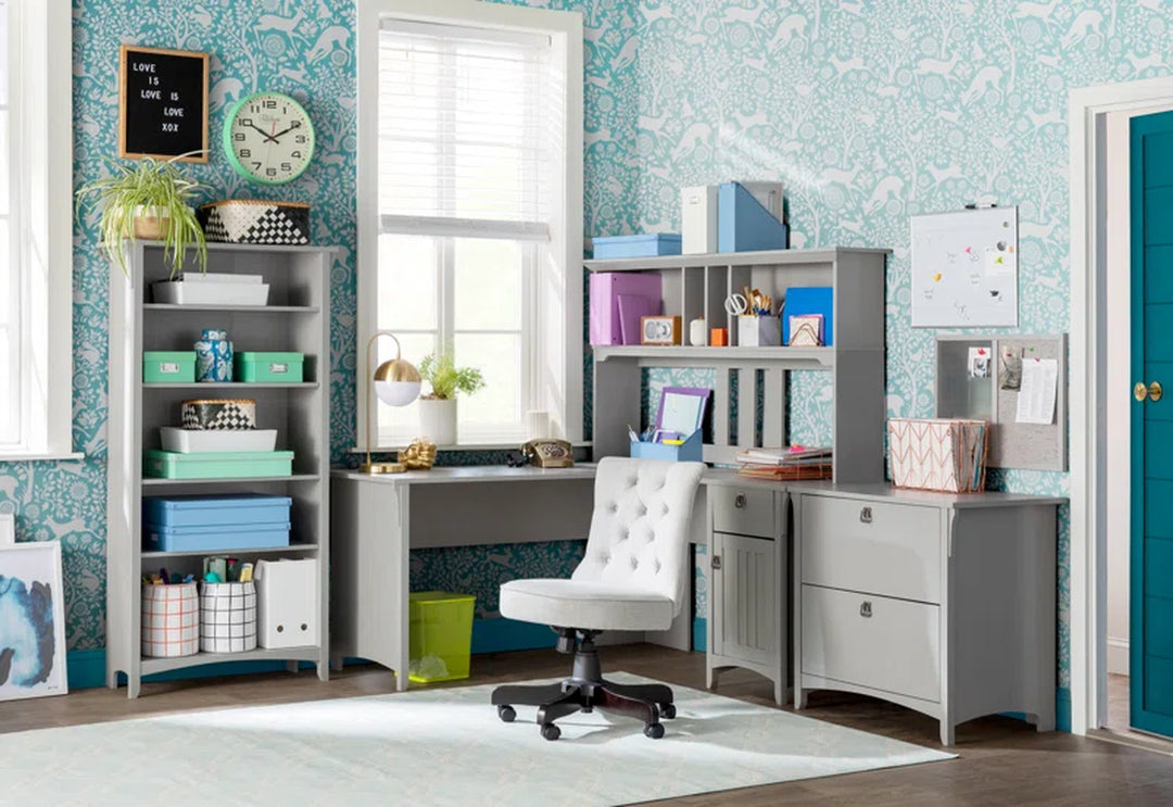 Paelynn L Shaped Credenza Desk with Hutch