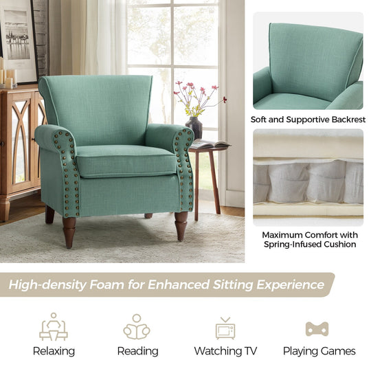 Nyctelius Upholstered Comfy Accent Chair with Turned Wooden Legs and Nailhead Trim Set of 2 by