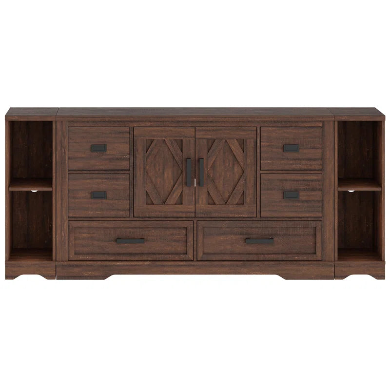 Glenford Modern Farmhouse 73.5" Wide Wood Barn Door Storage Cabinet with 6 Drawers and Open Storage Shelf
