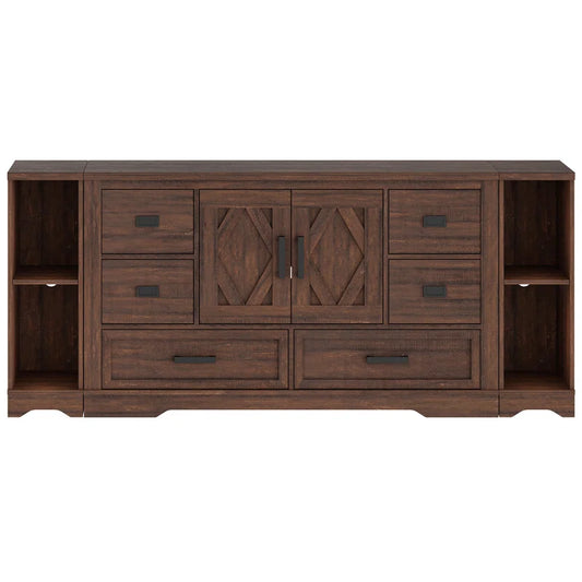 Glenford Modern Farmhouse 73.5" Wide Wood Barn Door Storage Cabinet with 6 Drawers and Open Storage Shelf