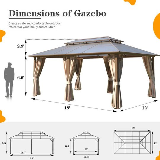 Hardtop Wood Gazebo with Double Roof – Free Dust Cover with 12X16 or 12X20 Model – Waterproof Outdoor Gazebo