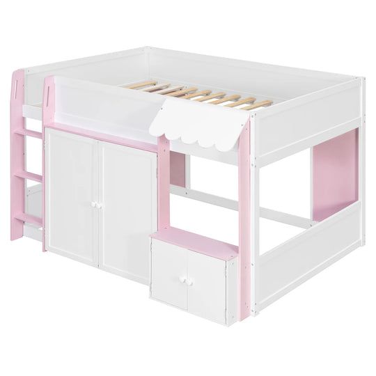 Full Loft House Bed with Playhouse Storage Modern Wood Cabin Bed for Kids