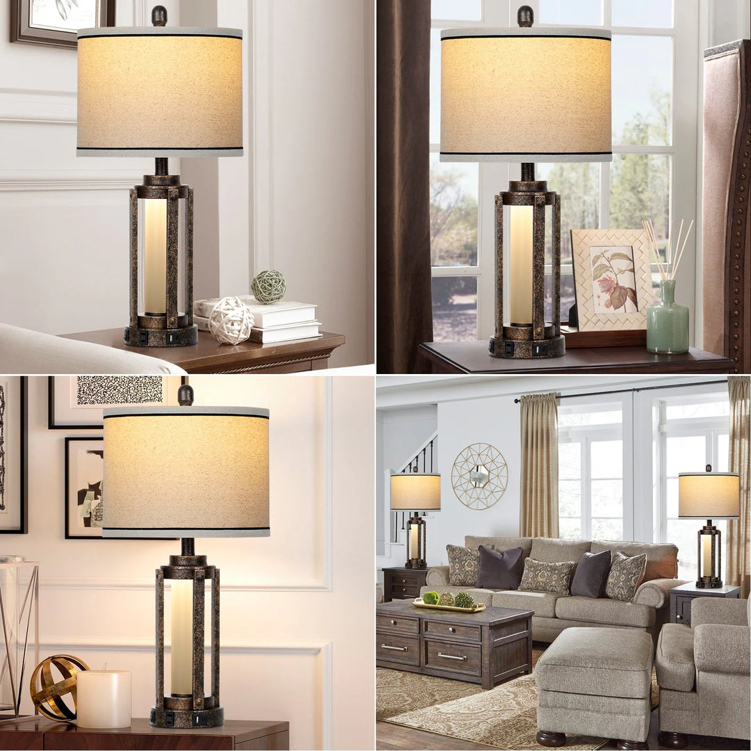 Set of 2 Roman Column Table Lamps with Nightlight and USB Port, Black and Gold