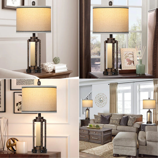 Set of 2 Roman Column Table Lamps with Nightlight and USB Port, Black and Gold