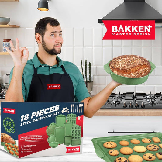BAKKEN Kitchen Baking Pan Set - Nonstick Green Marble Coating, Carbon Steel Bakeware Sets with Green Silicone Handles,