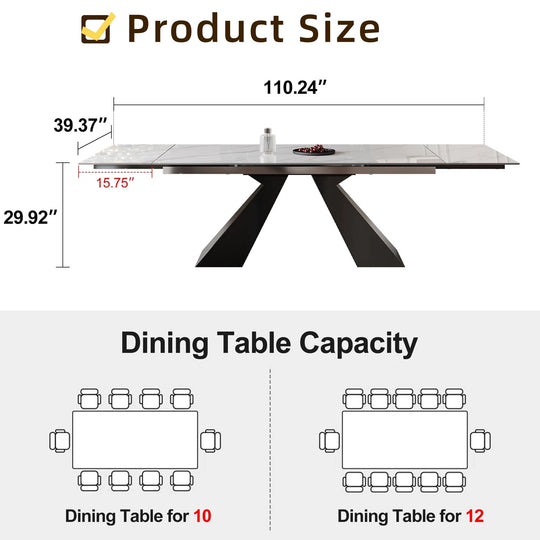 Minimalism Extendable Rectangular Sintered Stone Double Pedestal Dining Table Seat for 8-12 - 110.24"