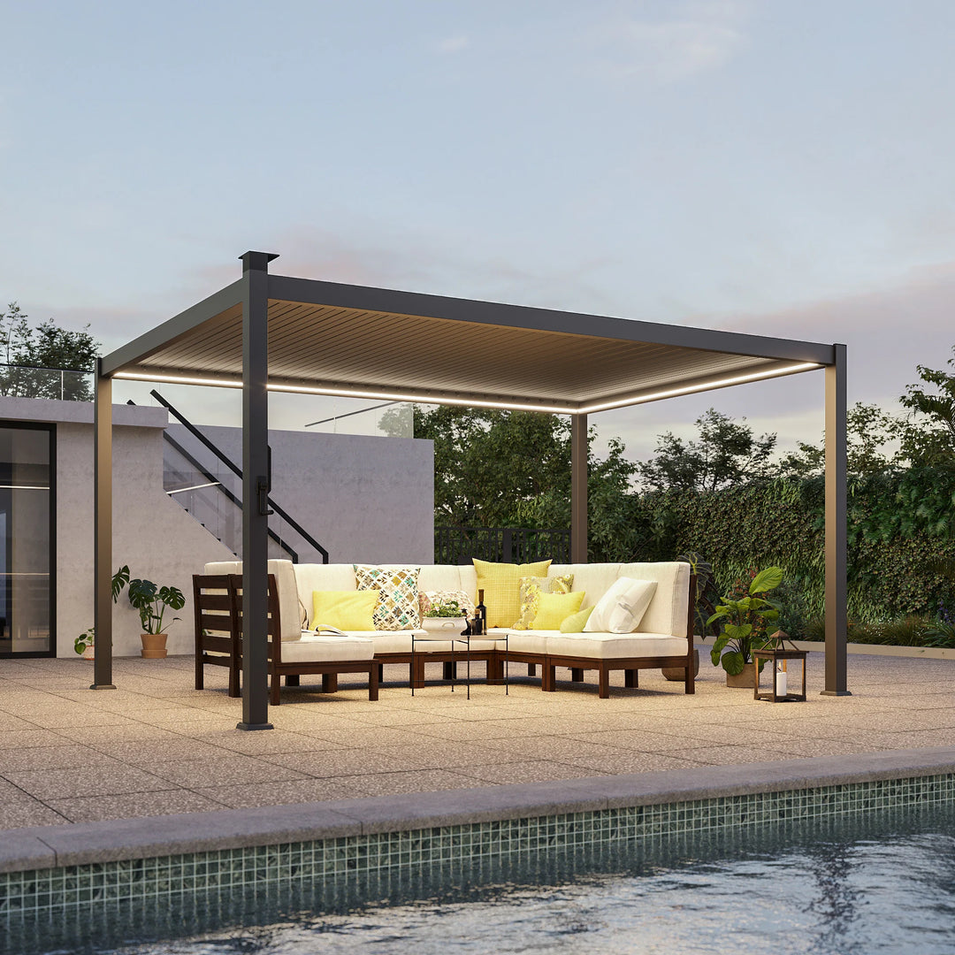 Outdoor Metal Solar LED Louvered Pergola with Adjustable Roof