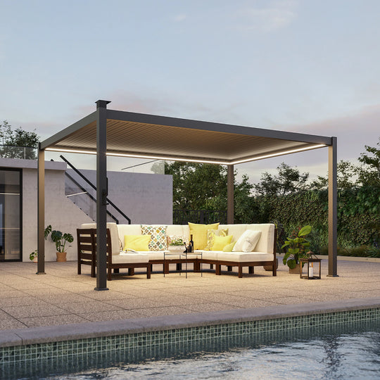 Outdoor Metal Solar LED Louvered Pergola with Adjustable Roof