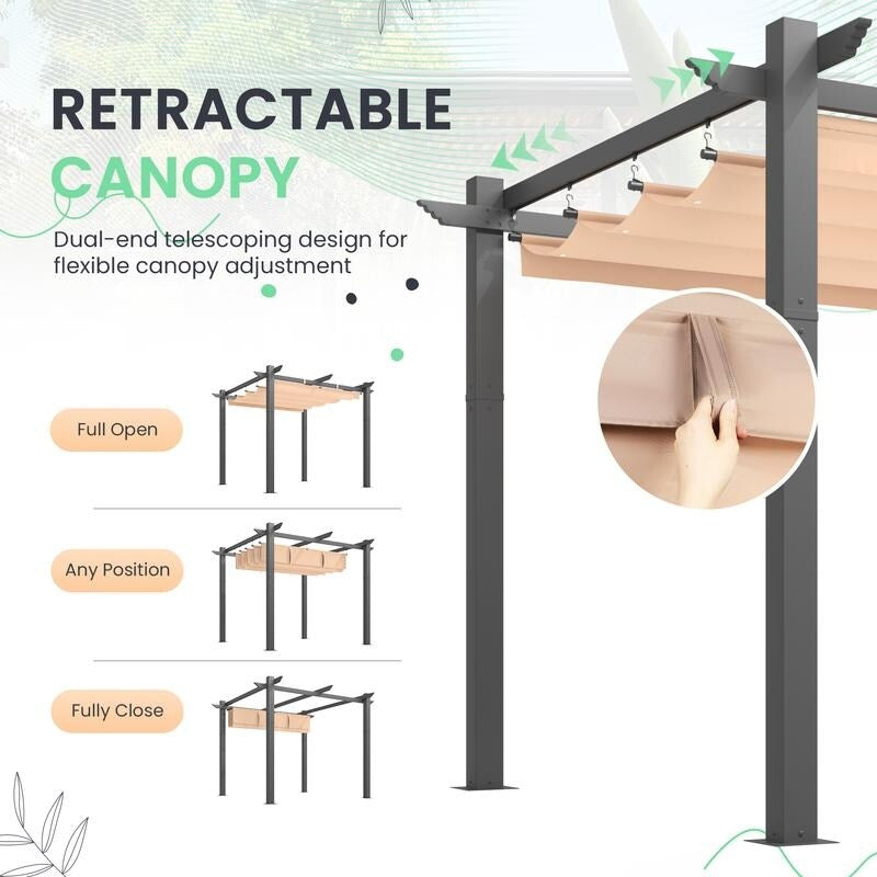 10' X 13' Outdoor Pergola with Retractable Canopy, Heavy-Duty Metal Frame and Adjustable Patio Shade Roof