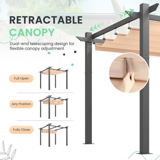 10' X 13' Outdoor Pergola with Retractable Canopy, Heavy-Duty Metal Frame and Adjustable Patio Shade Roof