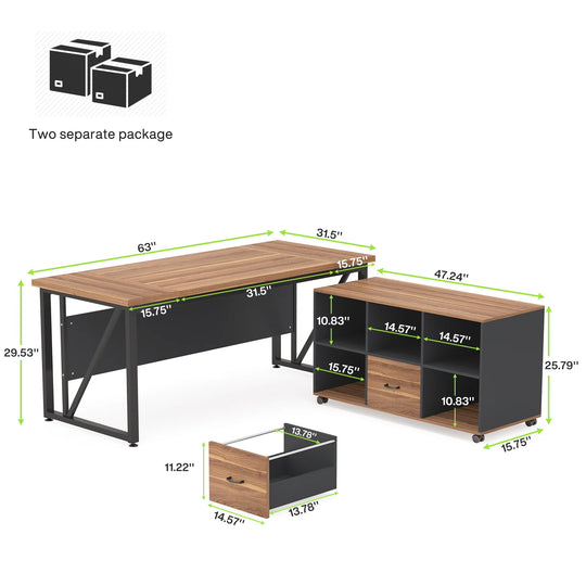 63" L-Shaped Computer Desk with 47 Inches Lateral File Cabinet, Executive Desk Home Office Furniture Desk Set