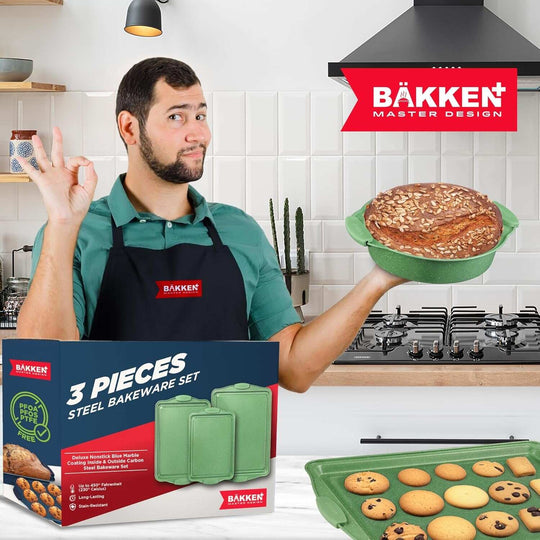 BAKKEN Kitchen Baking Pan Set - Nonstick Green Marble Coating, Carbon Steel Bakeware Sets with Green Silicone Handles,