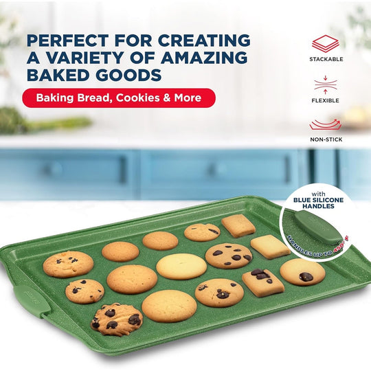 BAKKEN Kitchen Baking Pan Set - Nonstick Green Marble Coating, Carbon Steel Bakeware Sets with Green Silicone Handles,