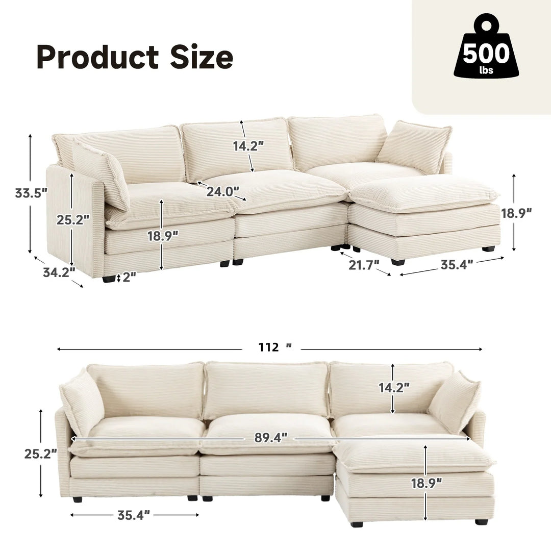 Corduroy Sectional Sofa with Removable Ottomans & Ultra-Soft Cushions for Living Room & Bedroom