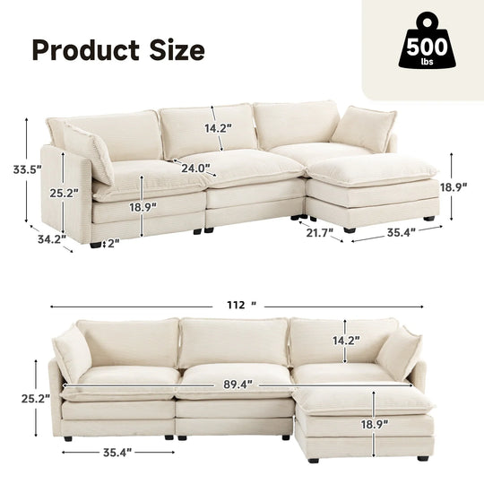 Corduroy Sectional Sofa with Removable Ottomans & Ultra-Soft Cushions for Living Room & Bedroom