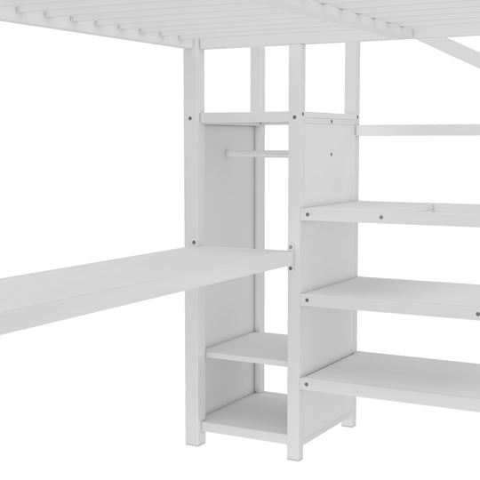Queen Size Esports Gaming & Work Loft Bed with L-Shaped Desk, USB, LED, Wardrobe and Adjustable Shelf, Versatile Metal Bed Frame