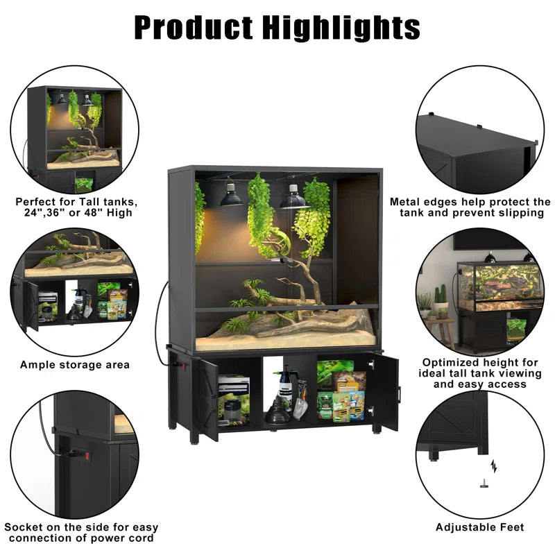 48"X24" Reptile Tank Stand for 120–230 Gallon Terrariums – Fits Tall Enclosures or Stacked 4X2X2 PVC Tanks–Furniture-Style Cabinet with Storage – Holds up to 500 Lbs