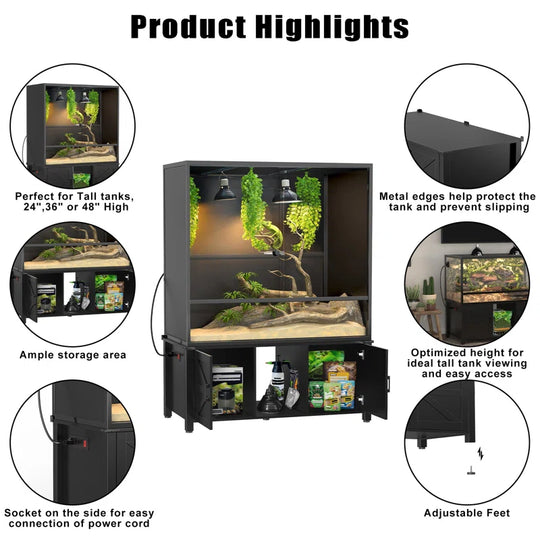 48"X24" Reptile Tank Stand for 120–230 Gallon Terrariums – Fits Tall Enclosures or Stacked 4X2X2 PVC Tanks–Furniture-Style Cabinet with Storage – Holds up to 500 Lbs