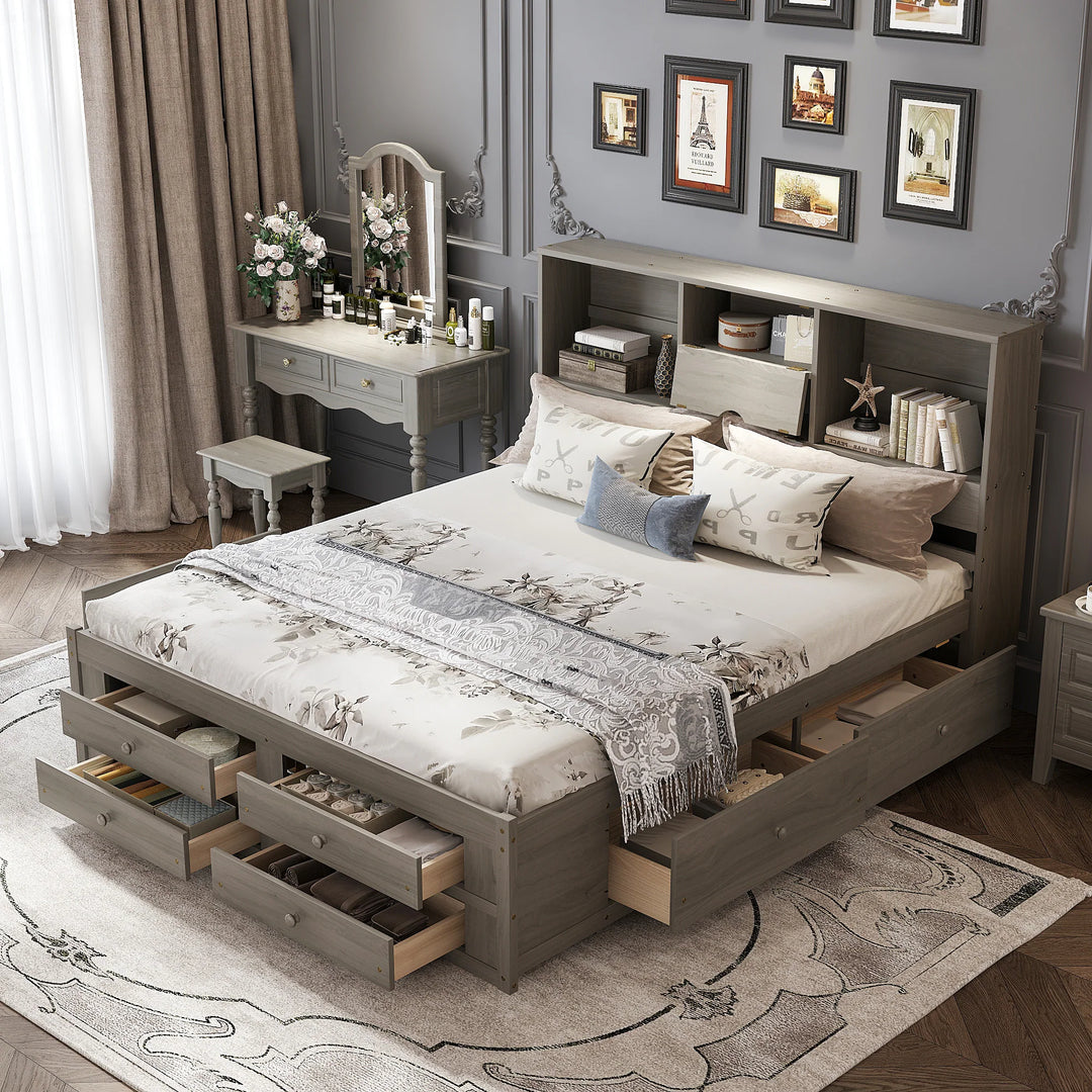 King Size Platform Bed with Storage Headboard and 8 Drawers