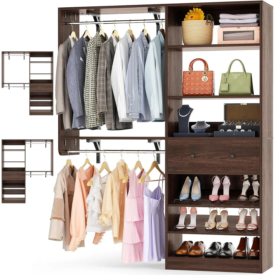5FT Closet System with 2 Hanging Rods and Wooden Drawer, Walk-In Closet Organizer with 2 Wing Shelve and Adjustable Rack Shelves