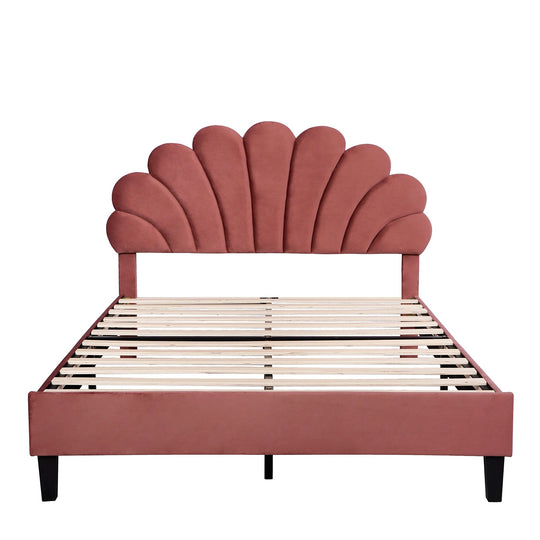 Upholstered Platform Bed with Flower Pattern Velvet Headboard
