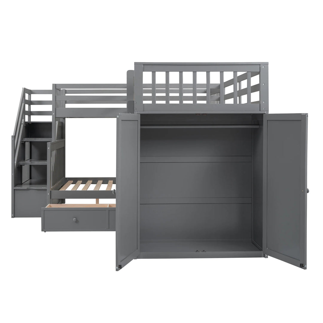L-Shaped Bunk Bed with Three Drawers, Portable Desk and Wardrobe, Twin-Twin over Full Design