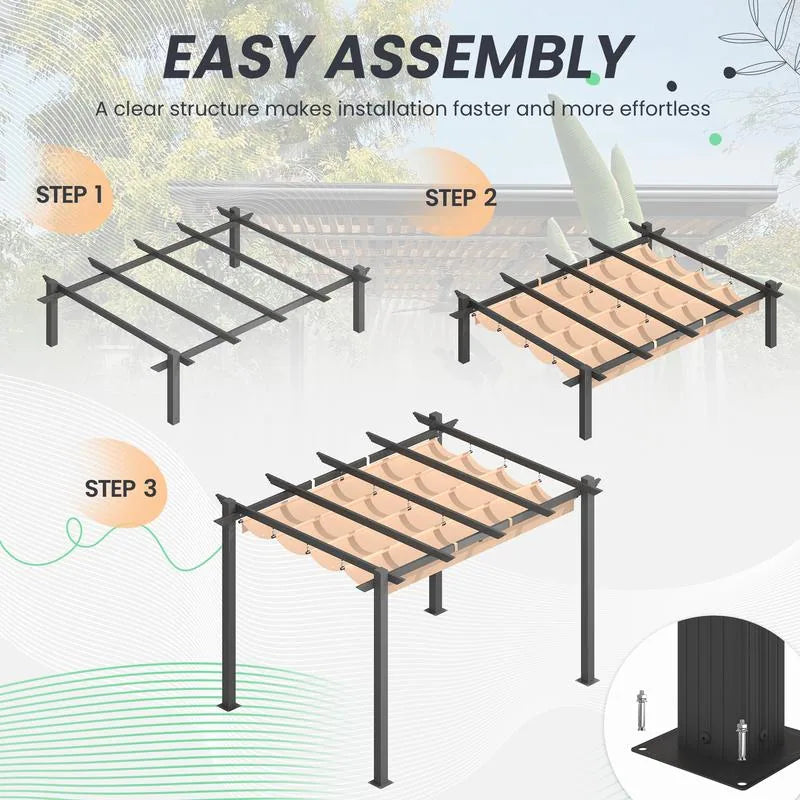 10' X 13' Outdoor Pergola with Retractable Canopy, Heavy-Duty Metal Frame and Adjustable Patio Shade Roof