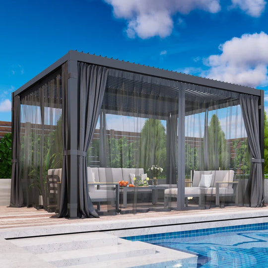 All Weather Pergola with Curtains & Netting, Dark Gray