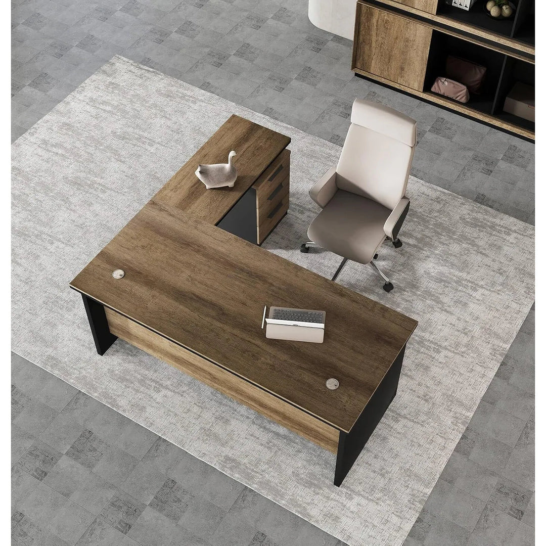 WESOME 63-Inch L Shaped Executive Desk, Industrial Modern Office Desk with 3 Storage Drawers