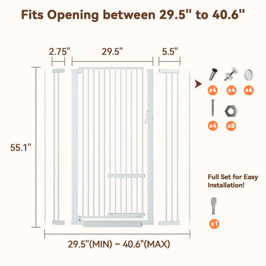 Ermila 55.1" Extra Tall Pet Gate, 29.5-40.6" Extra Wide Heavy Duty Metal Safety Gates, Dog Gates Baby Gates with Adjustable Cat Door