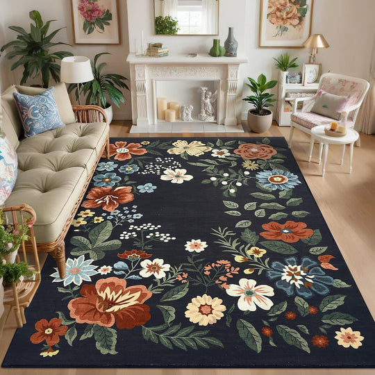 Floral Rugs Modern Indoor Soft Ultra-Thin Carpet Low Pile Flower Print Non Slip Throw Rug for Nursery Bedroom