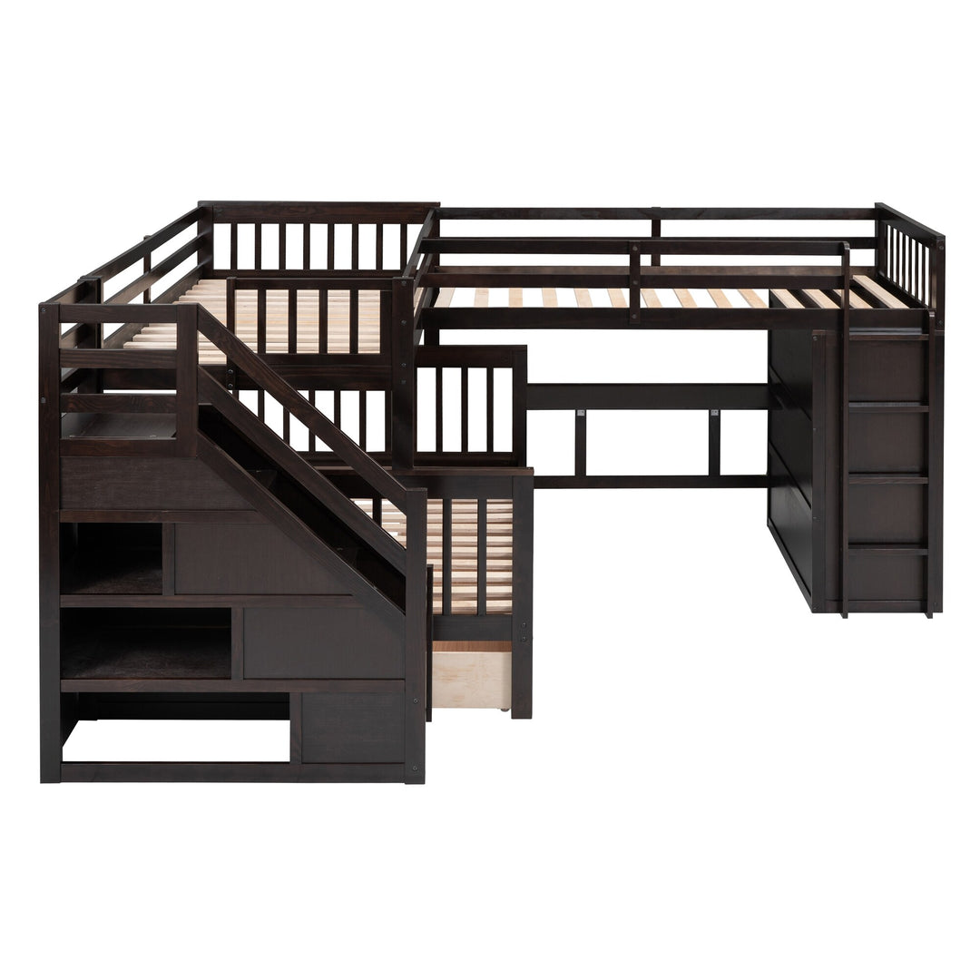 L-Shaped Bunk Bed with Three Drawers, Portable Desk and Wardrobe, Twin-Twin over Full Design