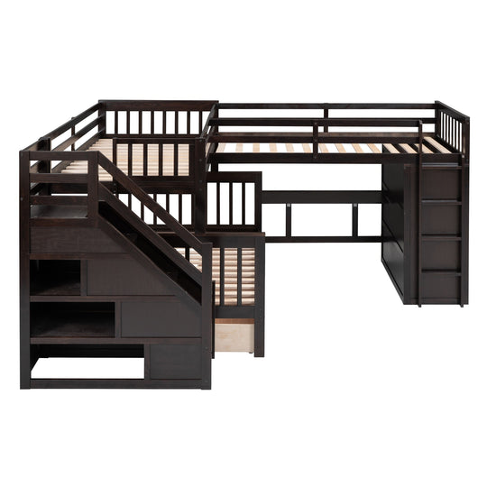 L-Shaped Bunk Bed with Three Drawers, Portable Desk and Wardrobe, Twin-Twin over Full Design